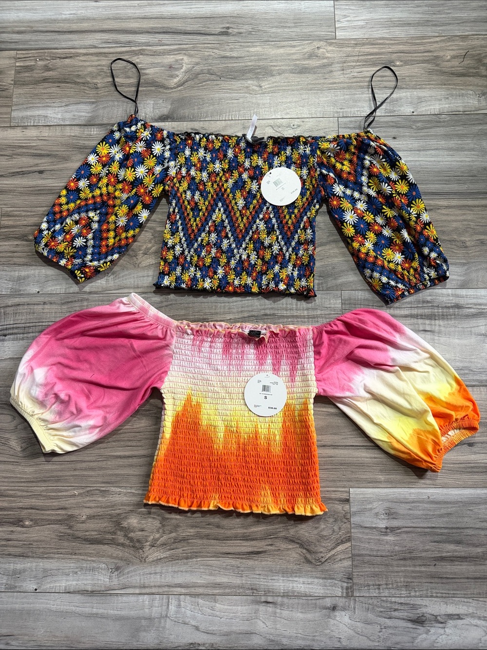 Two Off-Shoulder Smocked Crop Tops - Multi Floral & Pink Orange Ombre